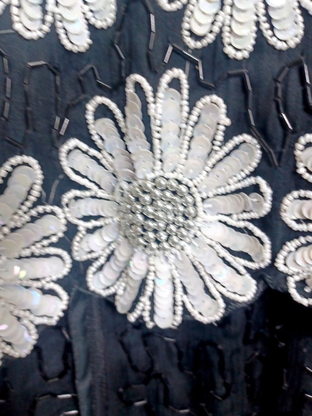 Pure Silk Black White Floral Hand Beaded Women M Vintage Evening Dress & Jacket - Picture 13 of 16